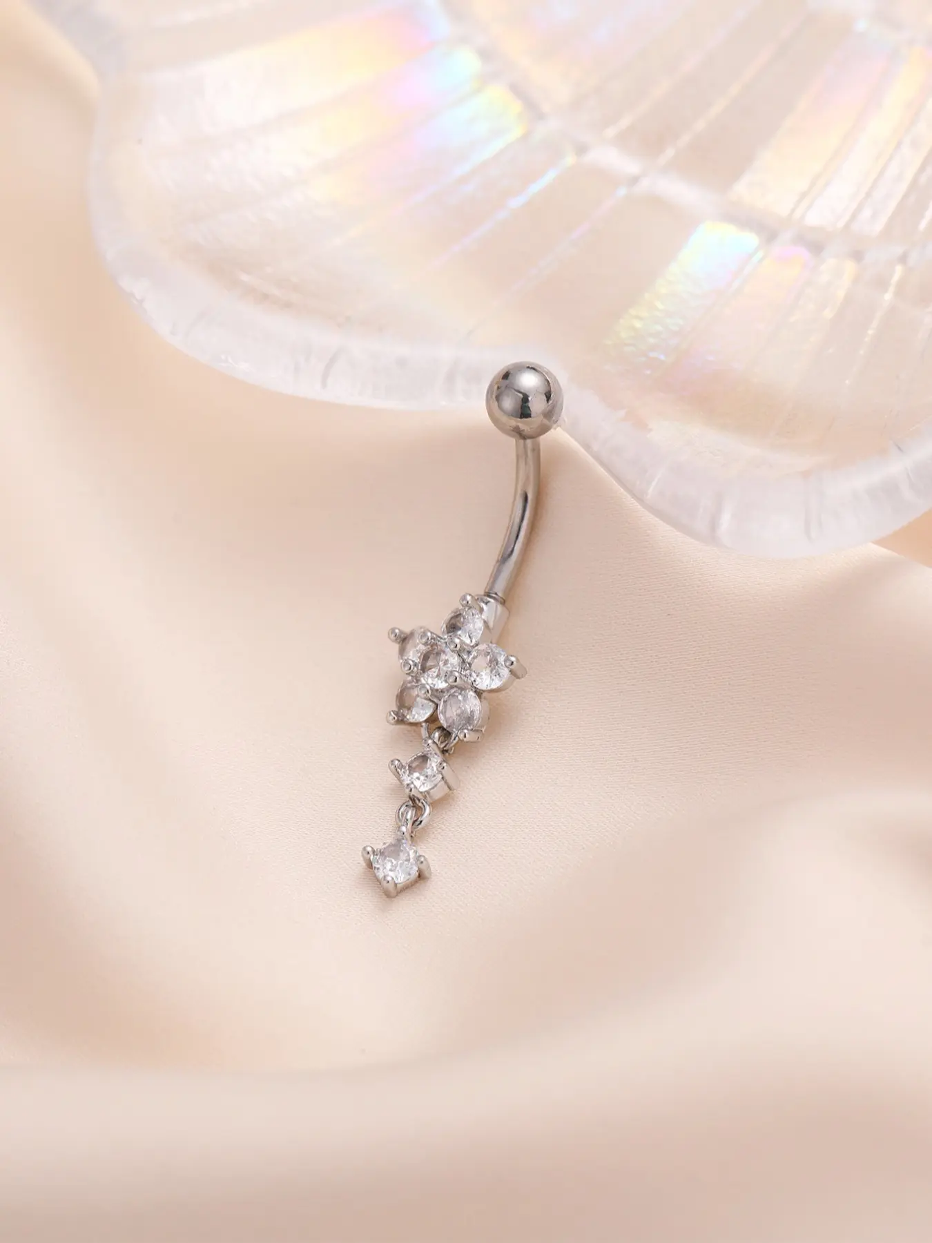 Sexy Versatile Flower Embellished Artificial Zircon Tassel Belly Button Ring, Stylish Navel Piercing Jewelry for Women, Body Jewelry