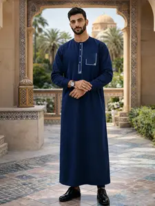 Islamic Muslim Arabic Robe Modesty Thobe Men Blue Round Neck Embroidered Street Style Long Sleeve, Traditional Fitted Design with Pockets and Zipper