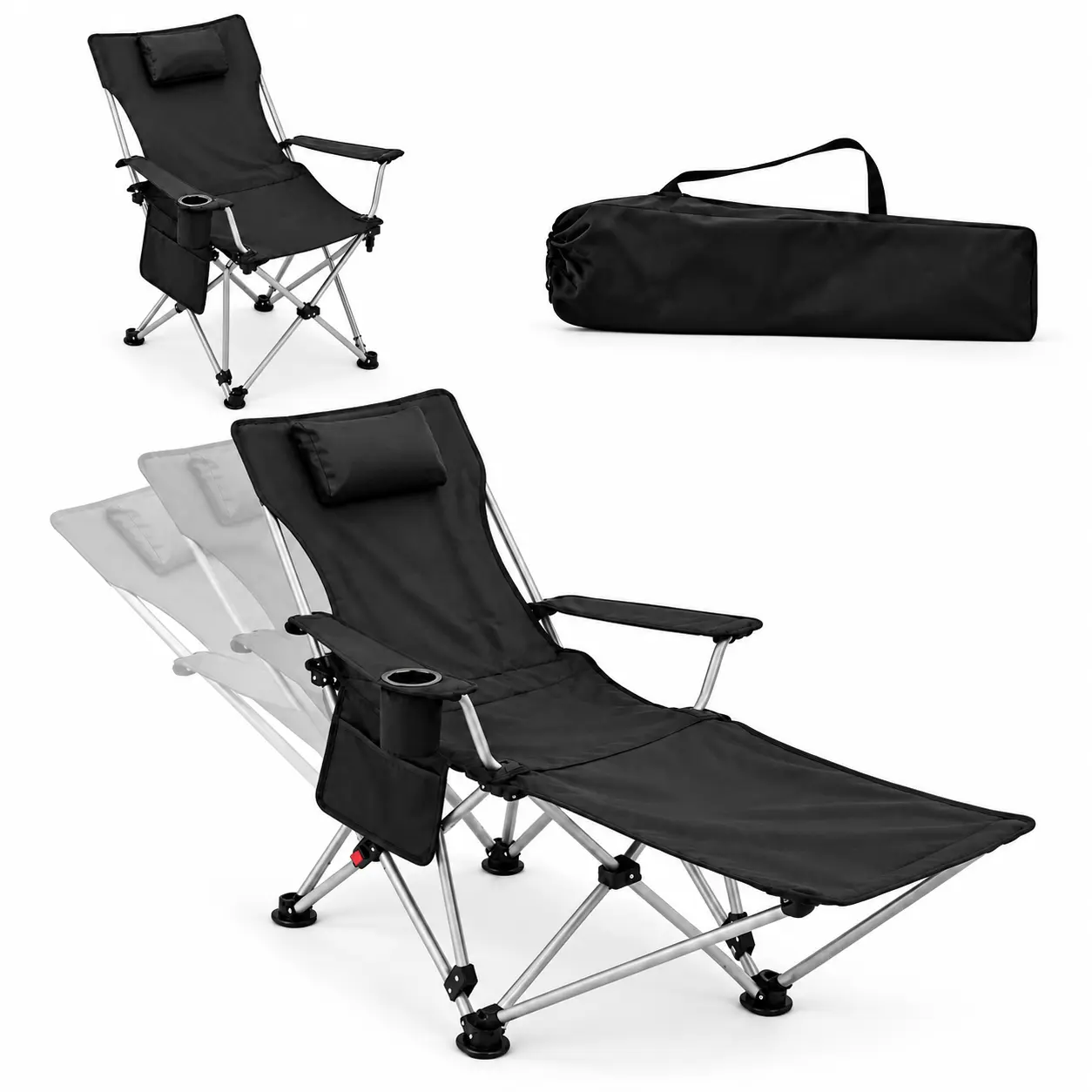 600D Oxford Premium Upright/Recline Camping Chair for Adults with Footrest - Portable Folding, 4-Position Adjustable Backrest, Headrest, Cup Holder, Carry Bag, 300lb Capacity, Chairs for Outdoor Backyard Use, Black