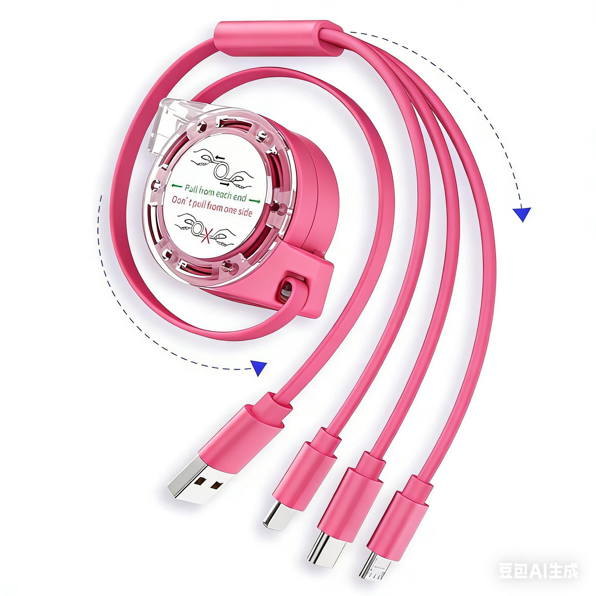 Pink Clear Sparkly Charging Cable 3-in-1 Heart Diamond Crystal Girly Car Accessory Fast Charge Phone Charger Cute Viral Gift for Her