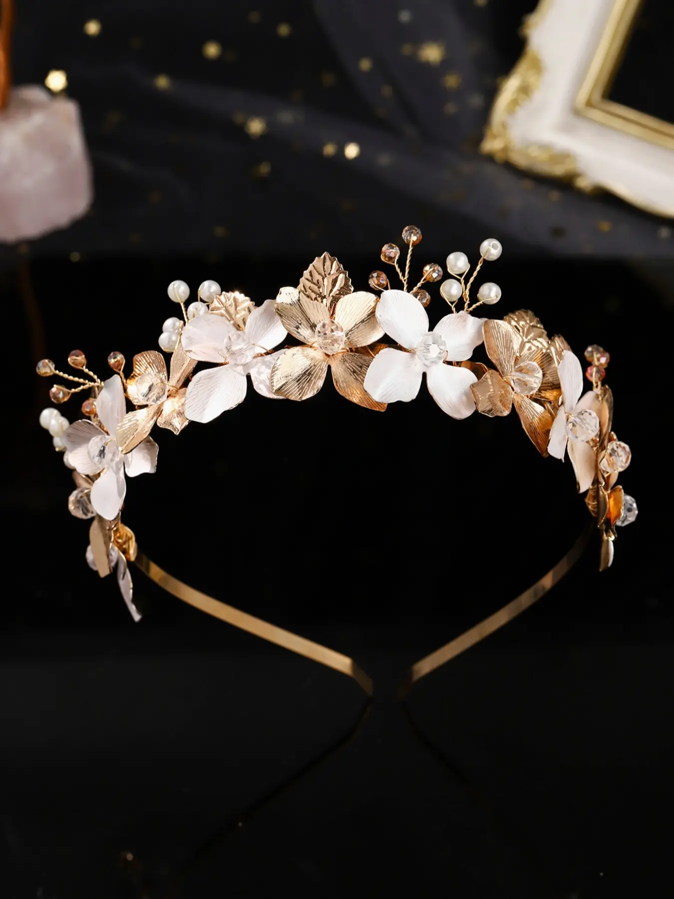 Elegant Gold Floral Headband SKYE | Hazel Gold Flower Pearl Headband | Affordable Quiet  main image 3