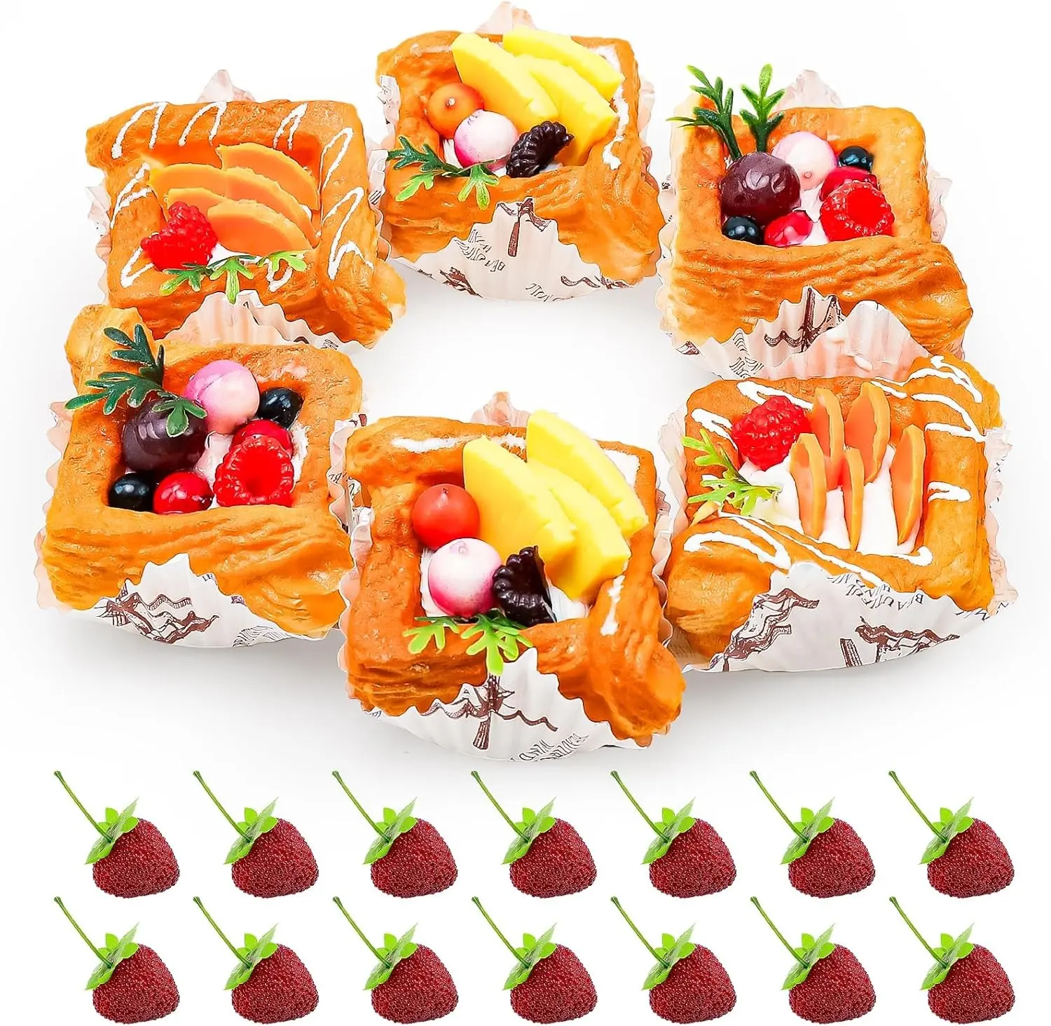 20Pcs Fake Cupcakes Set,Realistic Pastries for Display | Soft Foam Material,Fake Strawberries,Lifelike Appearance,for Bakery Party Decoration, Photography Props