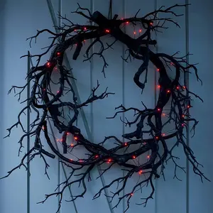 17 Inch Prelit Halloween Wreath with LED for Front Door Halloween Decorations Red Lights Black Wreath Halloween Decoration Indoor Outdoor Home Party