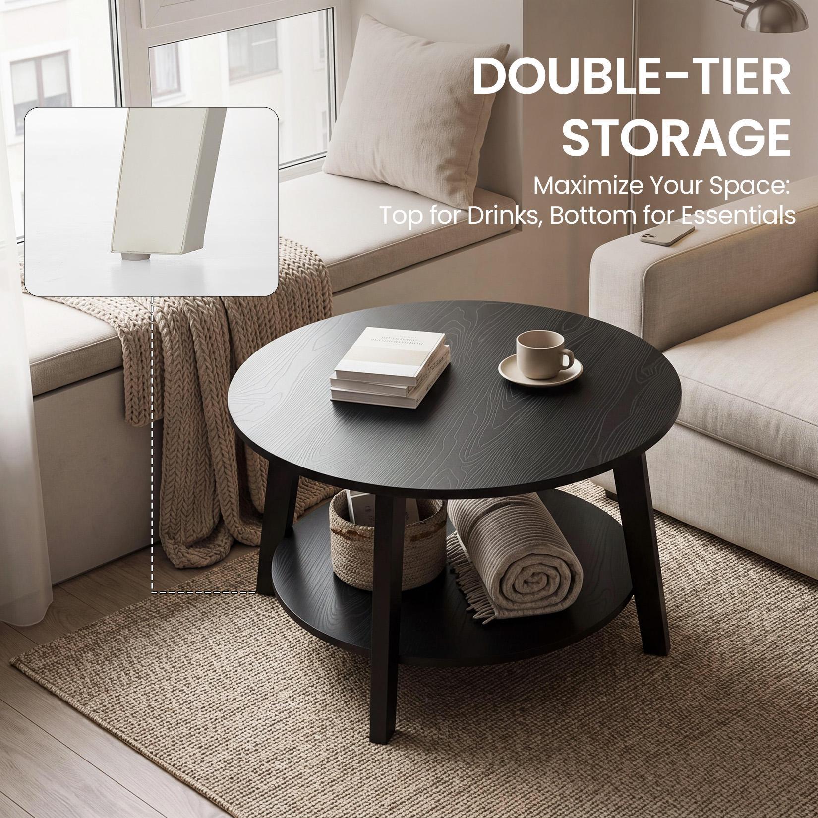 White 2-Tier Round Coffee Table with Storage Shelf, Minimalist Scandinavian Style Engineered Wood Accent Center Table, 31.5" Dia. Round Top, Durable Mark-Resistant Surface, Easy Assembly, Coffee Tables White 2-Tier Round Coffee Table with Storage Shelf, Minimalist Scandinavian Style Engineered Wood Accent Center Table, 31.5" Dia. Round Top, Durable Mark-Resistant Surface, Easy Assembly, Coffee Tables