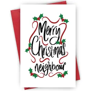1pc Christmas Card for Neighbour, Paper Material with Envelope, Hand-Lettering "Merry Christmas Neighbour" with Holly Berry Borders, Festive Greeting for Next-Door Neighbors