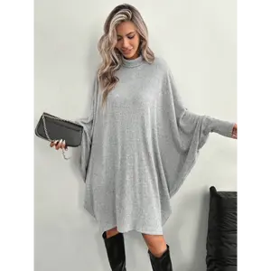 [Plus Size | Elegant Dress] Plus Size Women's Elegant Oversized Batwing Dress | High Neck Long Sleeve Winter Dress | Waist-Cinching Fit, Machine Washable Solid Grey Coat-Like Dress for Parties & Casual (No Dryer)