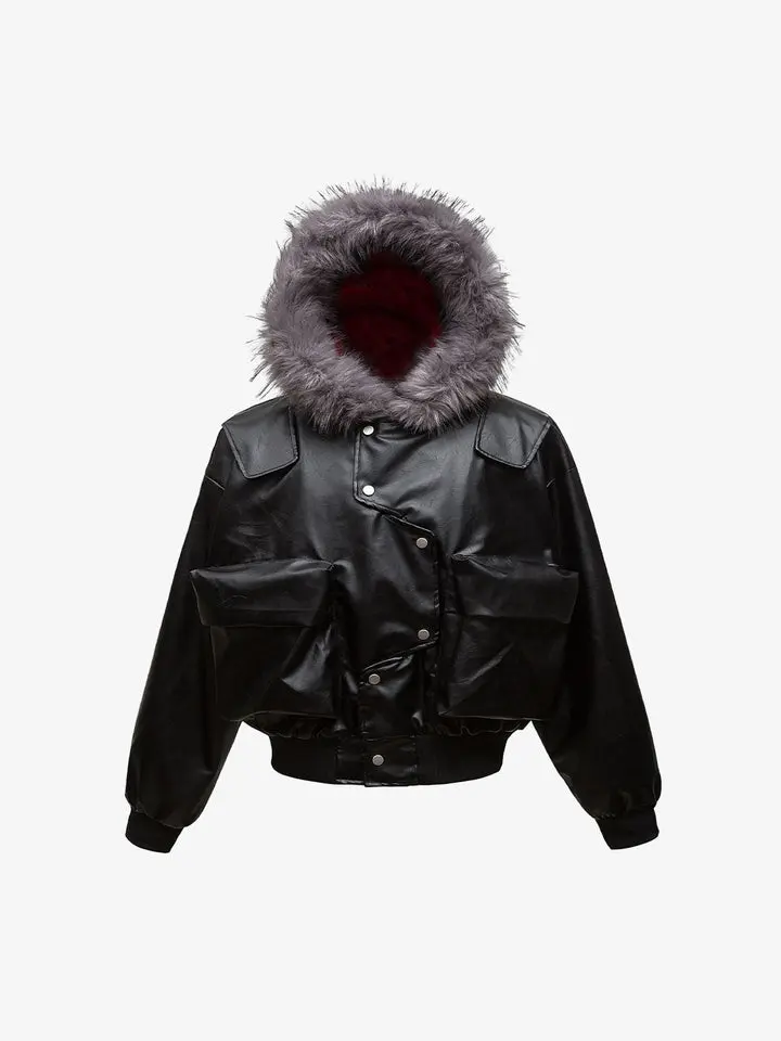 Deconstructed Multi Pocket Fur Hooded PU Leather Jacket - 2566