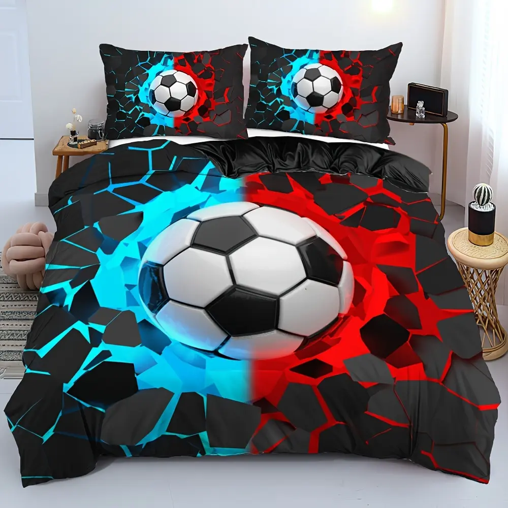 2/3 Piece Football Themed Bed Sheet Set - 3D Football Design, with Infrared Blue and Red Light Effects, Digital Printing, All-Season Breathable Polyester Bedding, Machine Washable, Sports League Cyberpunk Style, Soft and Comfortable for Bedroom and Dormit