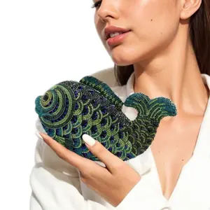 Women's Mini Fish Evening Clutch Rhinestone Purse Sparkling Handbag for Wedding Party Banquet Green & Blue Beaded Design