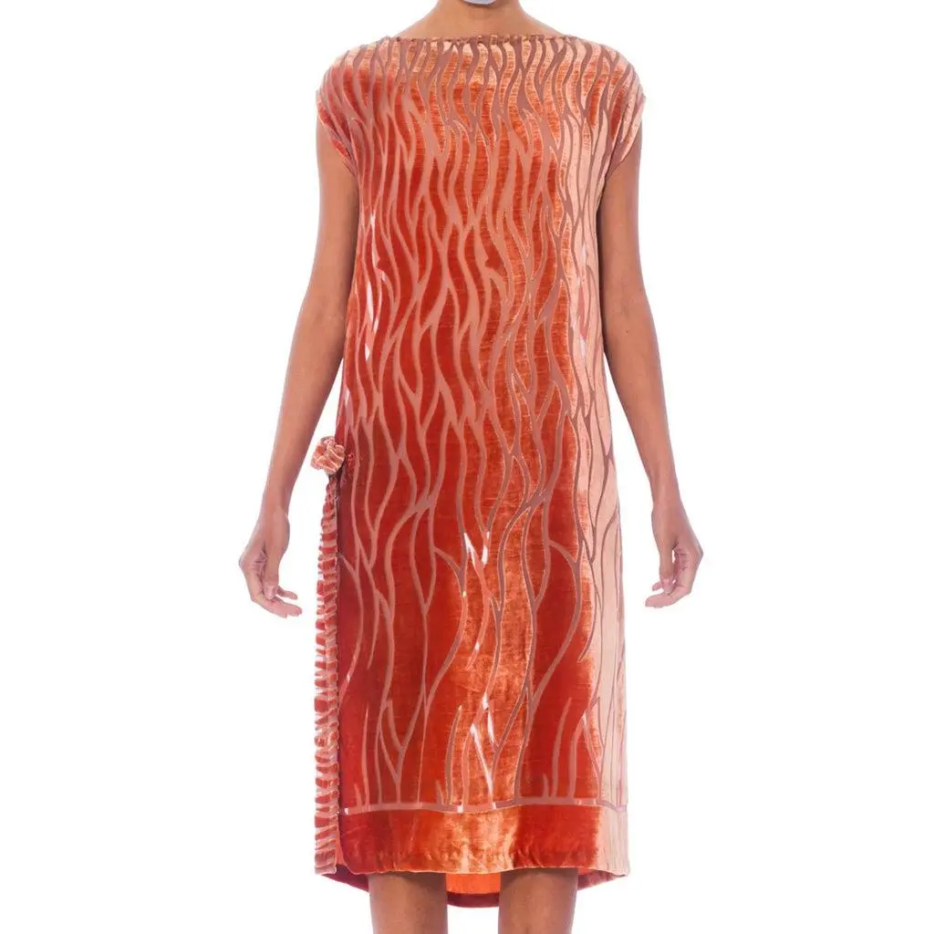 1920S Salmon Silk Burnout Velvet  Dress With Rhinestone Brooch & Side Slit