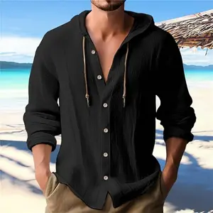 Men's Solid Color Linen Shirt, Regular Fit Casual Breathable Buttoned Cardigan with Drawstring Suitable for Everyday Wear in Beach Style, Front Buttoned Shirt, Hooded Fashionable Casual Youth Long Sleeve Men's Sweatshirt, Long Sleeve Shirt Men's Apparel s