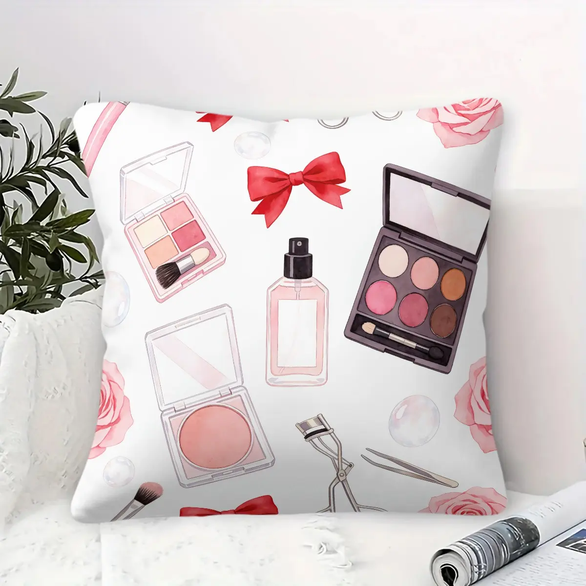 French Watercolor Makeup Rose Throw Pillow, Gentle Romantic Design, Fluffy Thick Durable, Suitable for Girls Bedroom Bedside Cushion Placement (With Pillow Insert)