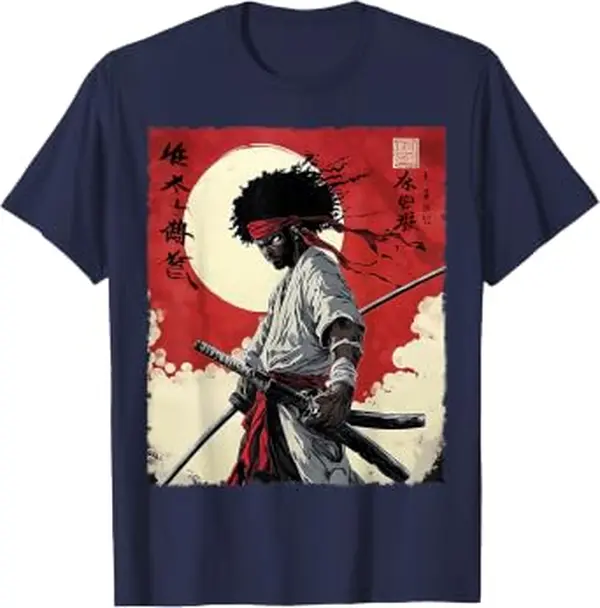 Afro American Samurai Anime Cartoon Japanese Bushido Warrior T-Shirt