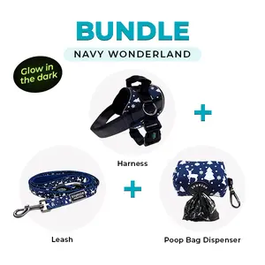 Christmas Walking Kit - Navy Wonderland Glow in the Dark - Includes Dog Harness Leash 5 ft Padded Handle & Poo Bag Dispenser Matching Set for dogs Christmas gift walk set complete