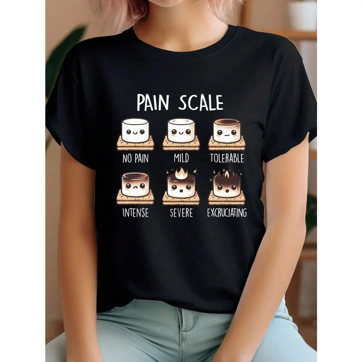Women's Casual Seamless Short-Sleeve Round-Neck Print Marshmallow Pain Scale Tee - Funny S'mores Humor Shirt for Nurses, Sarcasm-Focused Graphic Top with Unique Pain Scale Twist