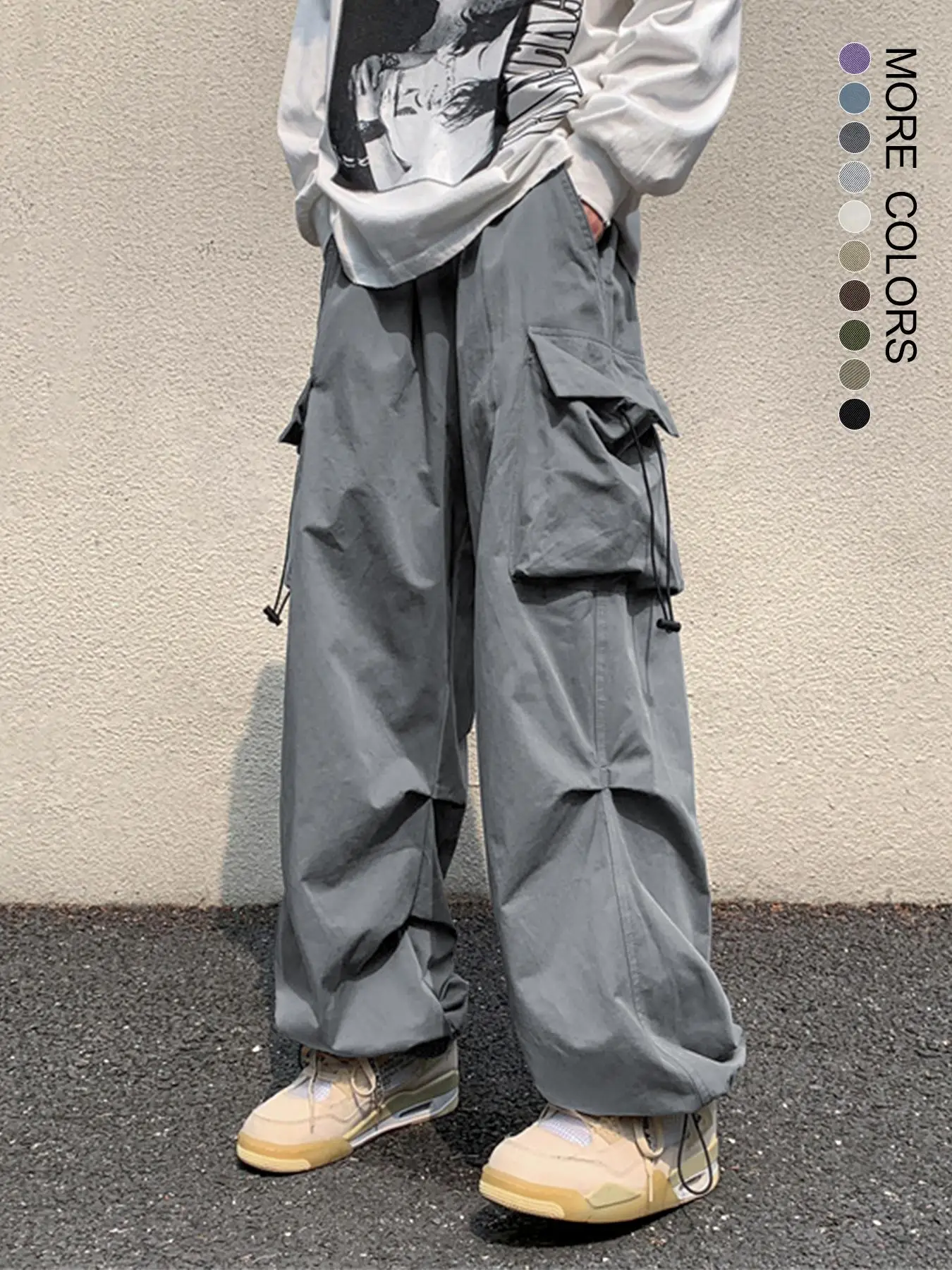Men's Loose Solid Ruched Drawstring Waist Cargo Pants, Men Pants, Street Fashion Casual Pocket Drop Waist Trousers for Daily Wear, Summer Pants, Mensw