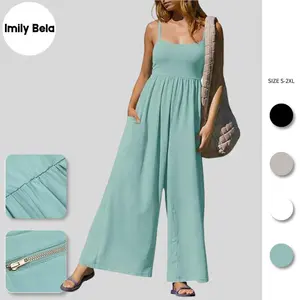 Imily Bela Womens Summer Jumpsuits One Piece Casual Loose Overalls Spaghetti Strap Wide Leg Rompers with Pockets Workout Outfits