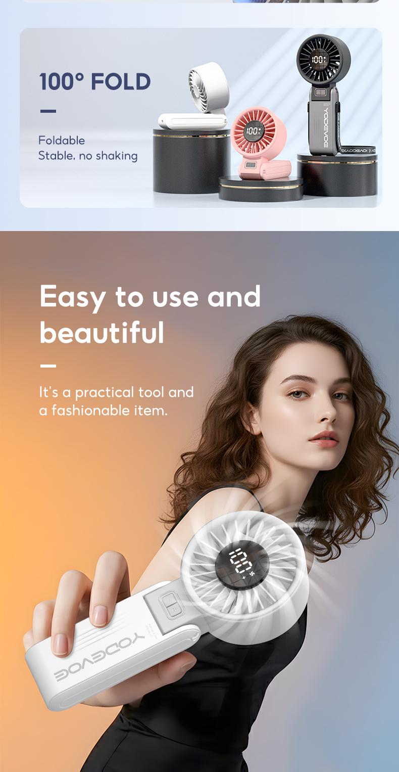 Yodevoe portable handheld turbine fan, 100 wind speed settings, USB rechargeable mini fan, with adjustable lanyard, suitable for outdoor travel, a gift for both men and women.