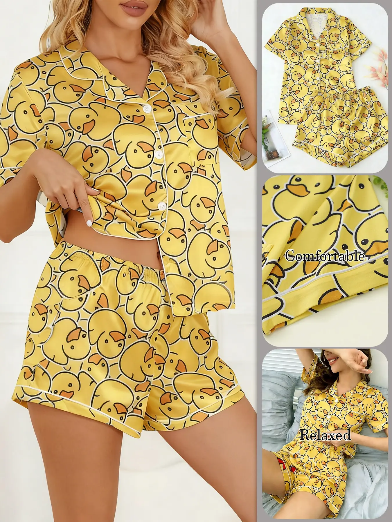 Women Yellow Duck Print Notch Collar Short Sleeve Top & Shorts Matching Pajama Set, Loose Fit, Soft Breathable Fabric, Perfect for Home Relaxation, Lounging & Bedtime Loungewear