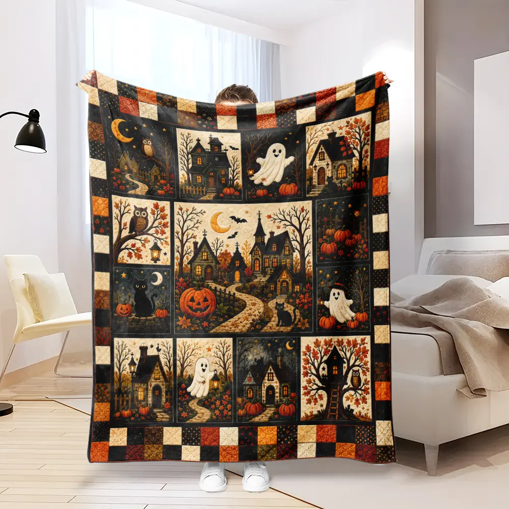 Vintage Patchwork Halloween Quilt Blanket, Gothic Fall Decor, Spooky Pumpkin Ghost Black Cat Flannel Throw Blanket, Soft Cozy Autumn Bedding for Sofa Couch Bed Bedroom Living Room October Birthday Gift