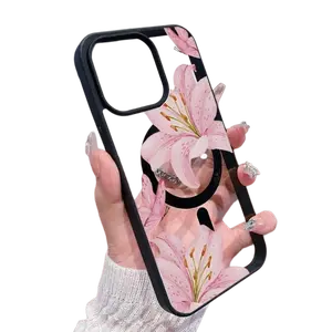 Pink Lilies Magnetic Phone Case for iPhone 17/16/15/14/13/12 Pro Fashionable Pattern Design Transparent Shockproof Classic Gift Ultra-Thin Protective Smartphone Cover
