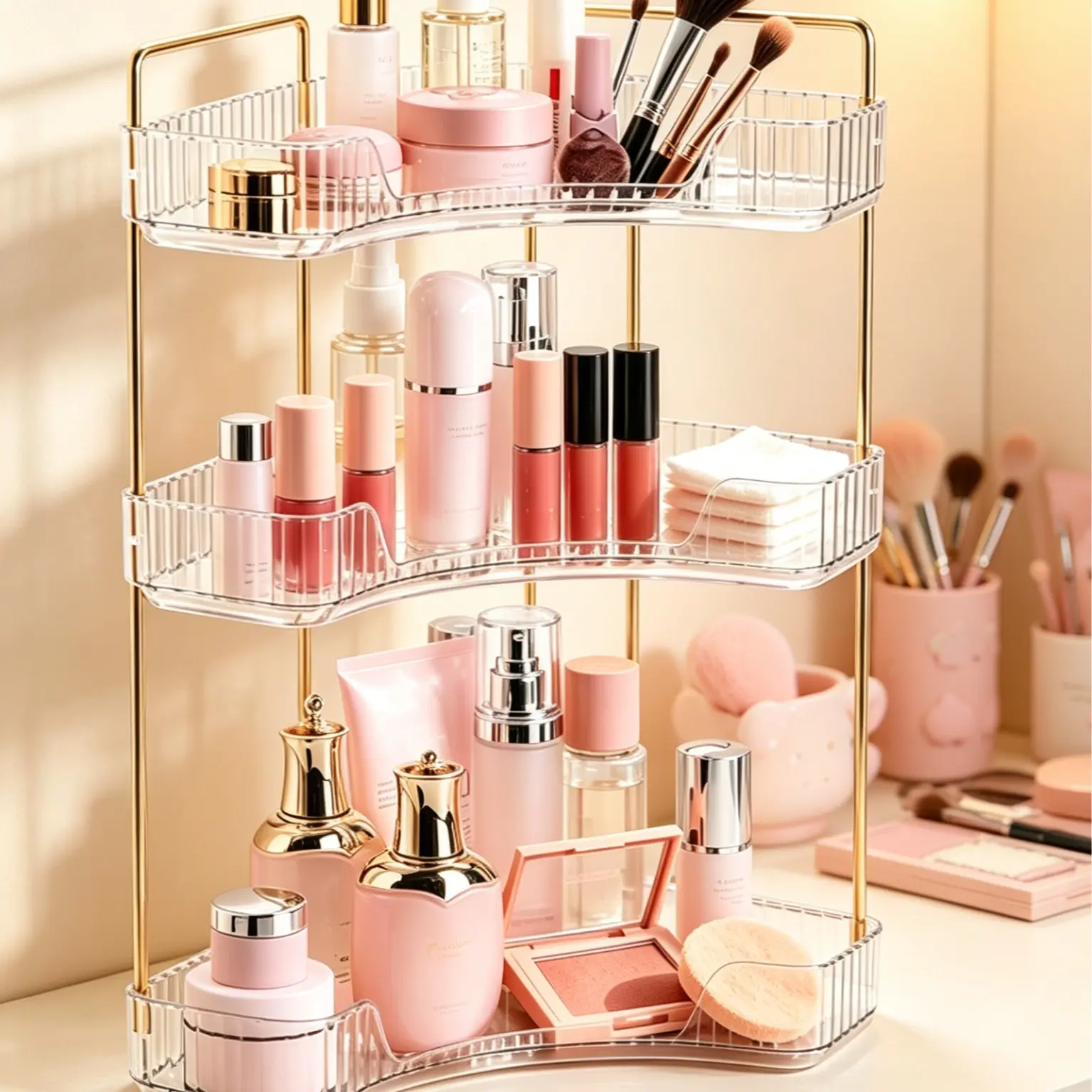 3-Tier Clear Acrylic With Gold Frame,No Installation, Waterproof For Bathrooms. Keep Skincare And Makeup Organized Instantly,BackToSchool.