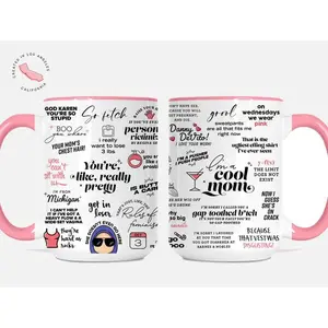 Cool Mom, Funny, Mean Girls, Birthday, Mother's Day, Ceramic 15 oz. Mean Girls Inspired Coffee Mug - Iconic Quotes & Burn Book Style Doodles - 11oz 15oz Pink Handle Tea Cup, Aesthetic Y2K Pink Movie Merch Mug, Fetch Gift for Cady Heron & Regina George Fan