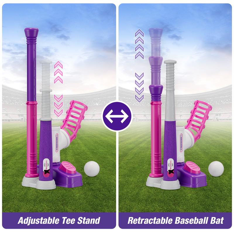 Tball Set for Toddlers 3-5, Tee Ball Set with Step on Pitching Machine/Adjustable Batting Tee/Retractable Baseball Bat/8 Pop Up Balls, Outdoor Sport Toy Games for Kids Girls