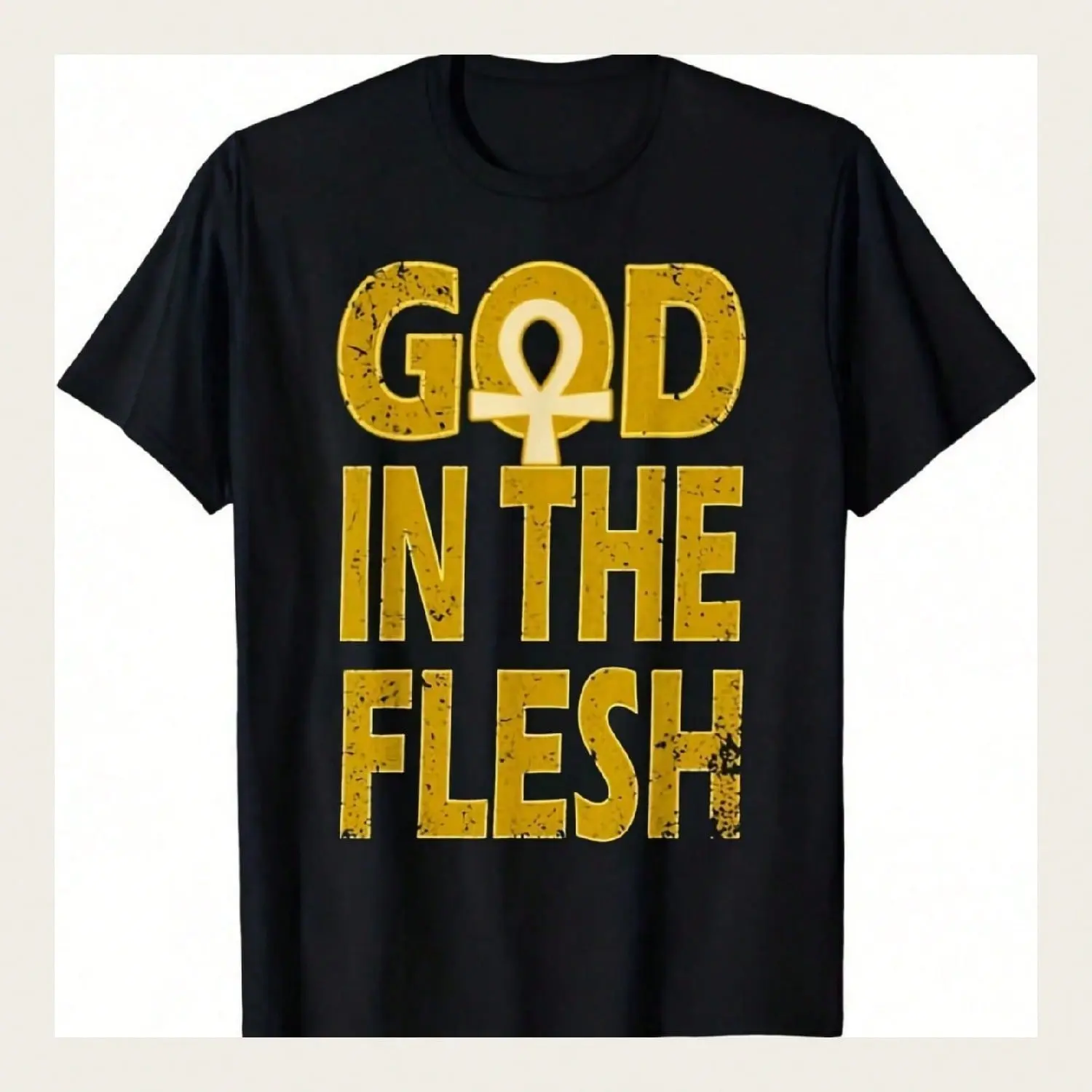 Women's Cotton Short-Sleeve T-Shirt - Smooth, Breathable Garment with Egyptian Kemetic God In The Flesh Ankh Bold Yellow Black Graphic Print, Retro Casual Round Neck Tee, Shortsleeve