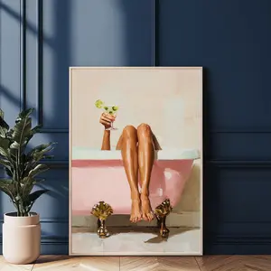 Modern Bathroom Wall Art | Pink Bathtub with Martini Glass Digital Artwork | Feminine Self Care Cocktail Decor for Home Spa