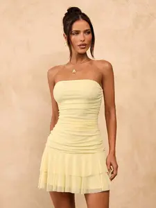 MARANDAS Yellow Cream Tube Top Shirred Form Fitting Micro Garment Brunch Outfit Soft Feminine