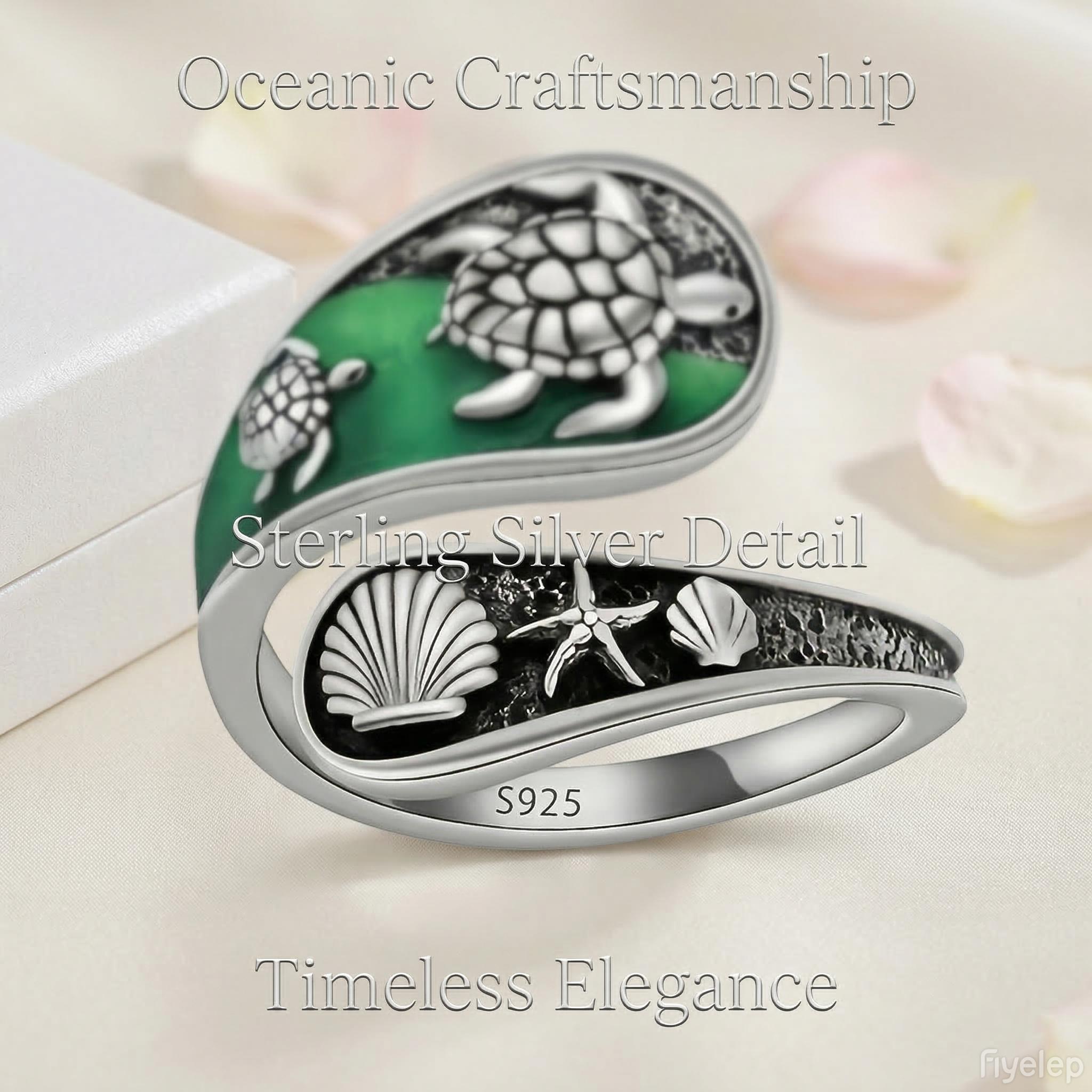 【HXS】925 Sterling Silver Sea Turtle Adjustable Ring with Green Enamel Beach Shell Starfish Ocean Jewelry Gift