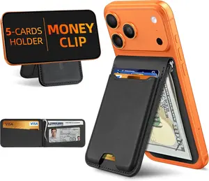 Magnetic Wallet with Money Clip, Strongest Magnetic Wallet for iPhone 17/16/15/14/13/12 Series, Adjustable Stand, ID Window, 5 Card Holder, Vegan Leather, Not for 13/12 Mini, Black Carbon Fiber Covers Protection Spring Magnetic Greenish