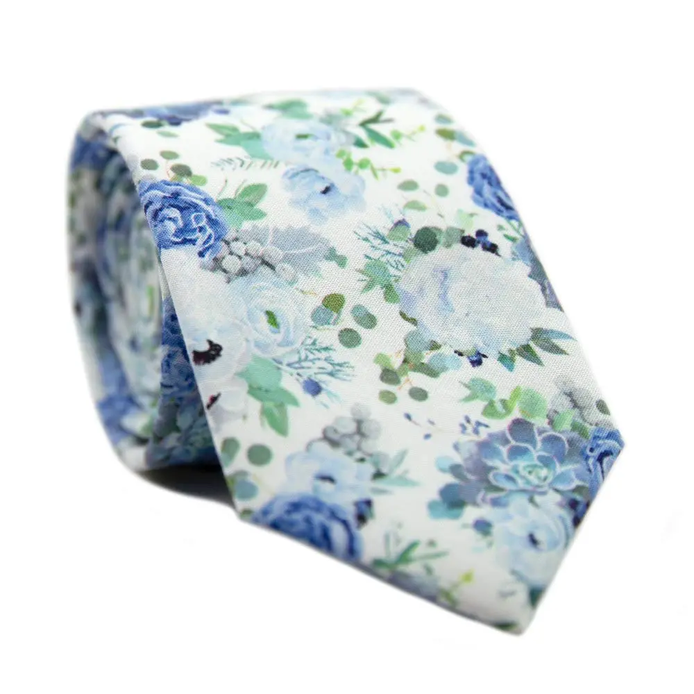 DAZI Men's Skinny Tie Floral Print Cotton Necktie, Great for Weddings, Groom, Groomsmen, Missions, Dances, Gifts. (Arctic Ice)