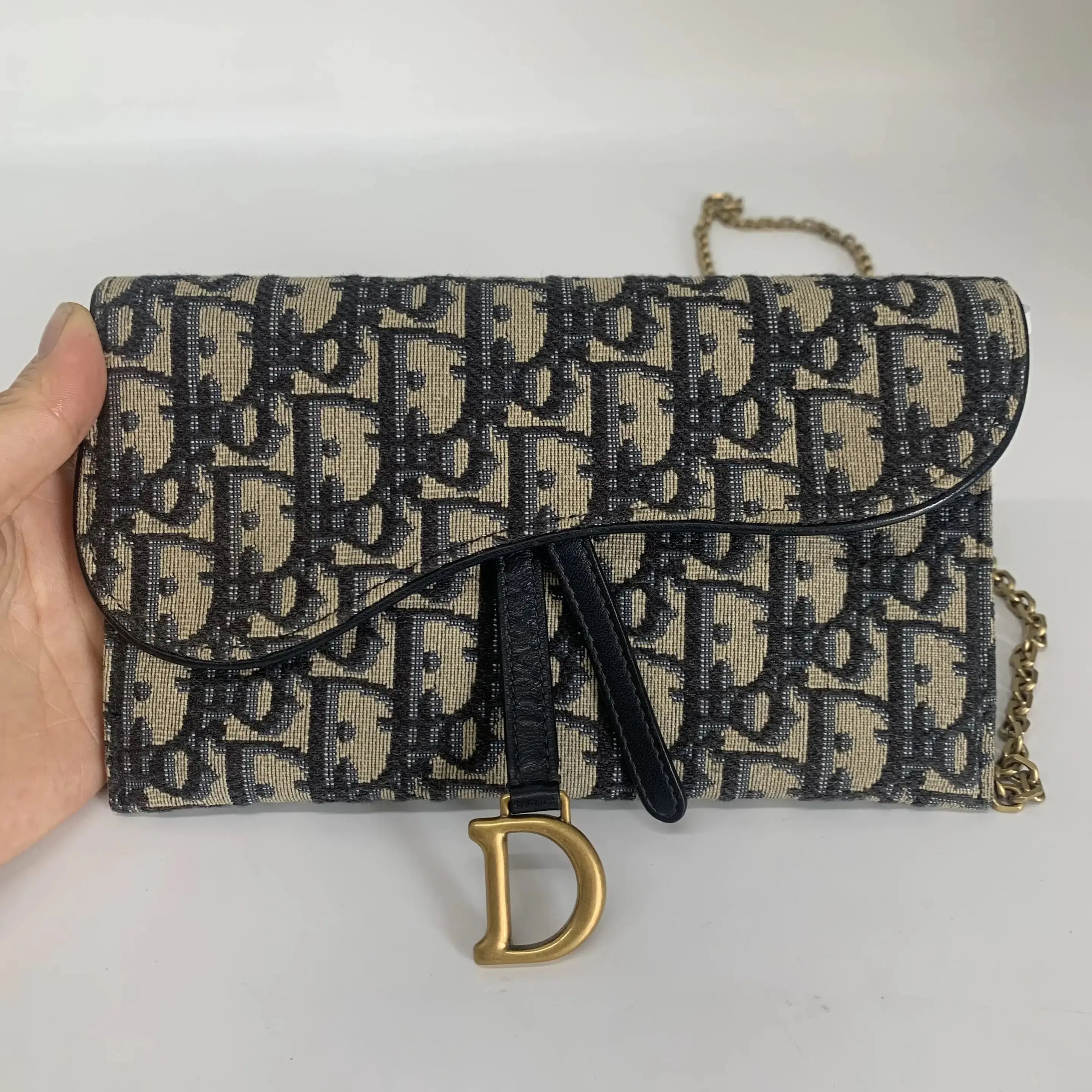 Pre-owned Dior oblique canvas saddle pouch wallet on chain bag