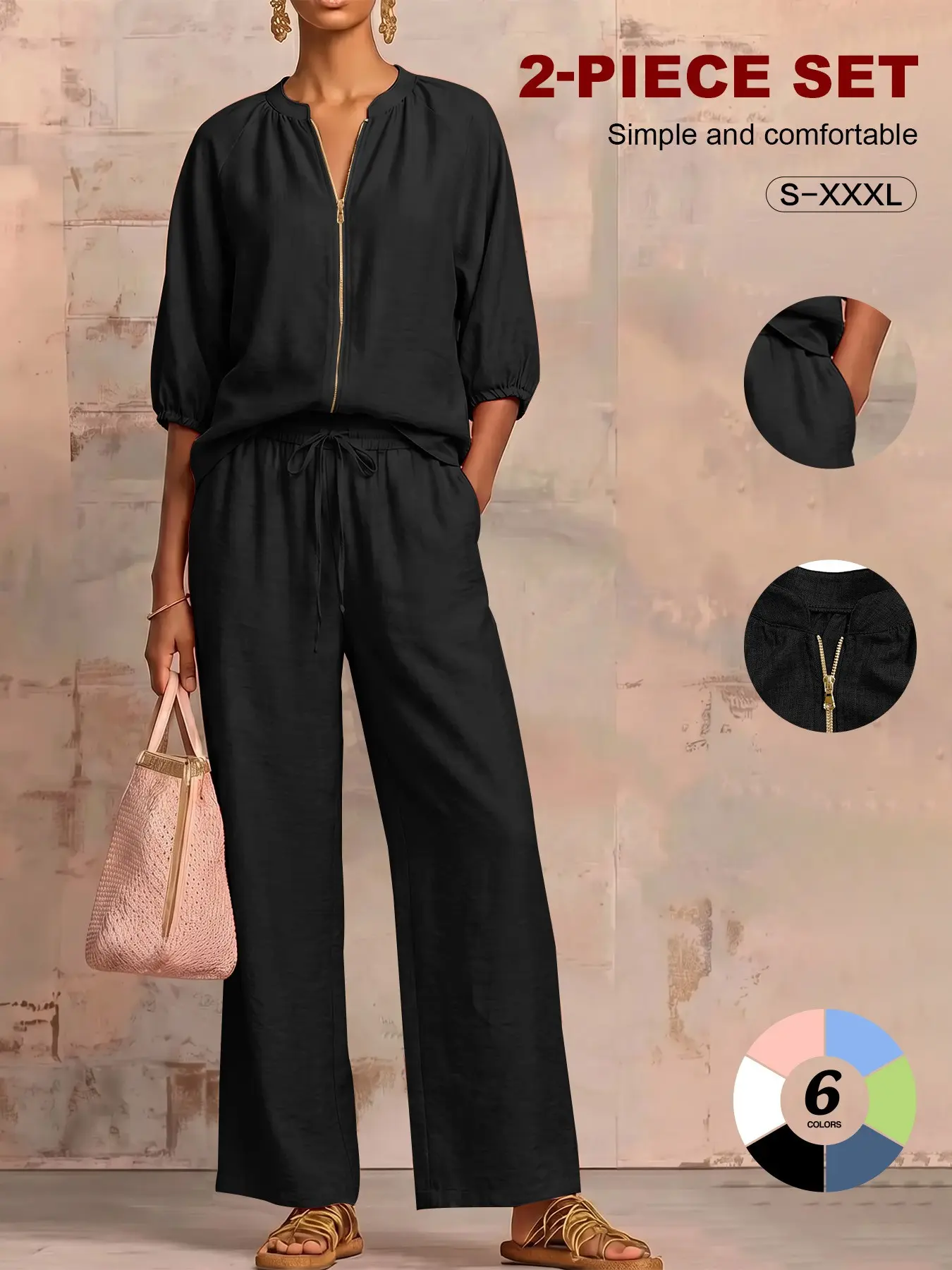 Women's 2 Piece Lounge Set, Casual Zip-Up Top & Wide Leg Pants, Comfortable Travel, Plus Size Loose Fit Baggy Oversized, Minimalist Basic Spring 2026 Fashion Clothes Set
