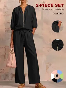 Women's 2 Piece Lounge Set, Casual Zip-Up Top & Wide Leg Pants, Comfortable Travel, Plus Size Loose Fit, Minimalist Spring 2026
