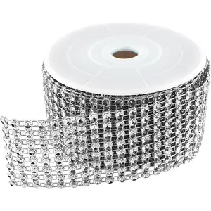 Sparkling Rhinestone Mesh Ribbon Roll for Arts & Crafts, Event Decorations, Wedding Cake, Birthdays,  Shower, 1.5" x 3 Yards, 8 Row, 1 Roll (R) ()