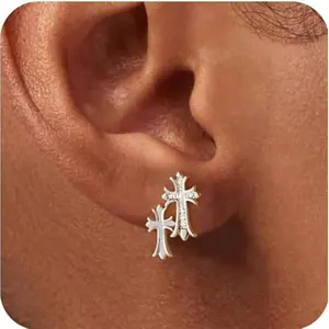 Glow Jewelry Zircon Cross Earrings/Eternal Symbol of Divine Faith, Eternity Faith Cross Drop Dangle Earring, Religious Small Earring, Hypoallergenic Earrings 925 Sterling Silver