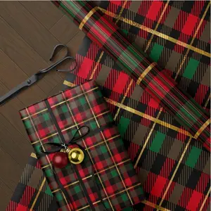 Luxury Red Green Plaid Wrapping Paper Roll Gold Tartan Christmas Gift Wrap Sheets Festive Holiday Packaging Pretty Retro Xmas Wrapping