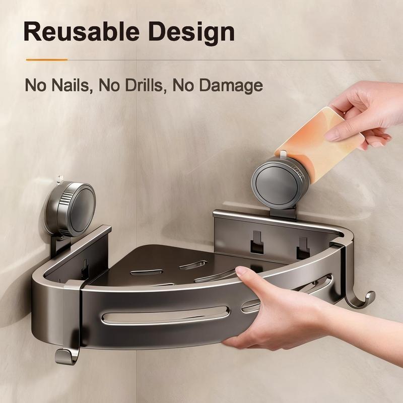 2026 upgraded new model-3-Pack Gun Gray Plastic Triangle Suction Cup ShowerCaddy 3-Tier Corner Shelves NoDrilling Bathroom Storage Rack 40lbs LoadCapacity with 6 Towel Bar Hooks(home essentials,bathroom accessories)