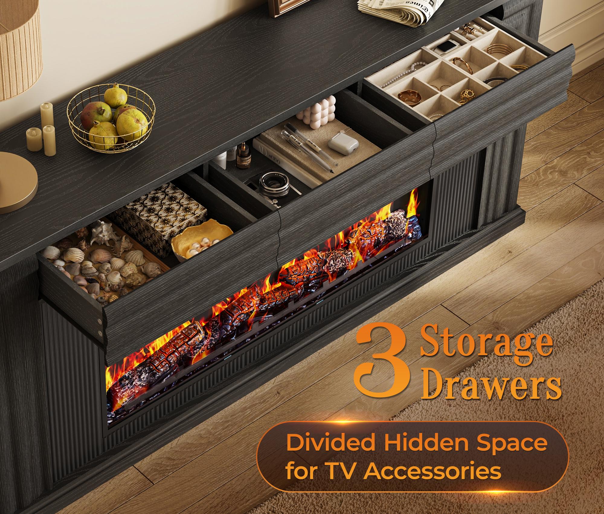 【2 Packages Shipping】PRAISUN 70'' Fireplace TV Stand with 42'' Electric Fireplace, Farmhouse TV Stand for 65 75 Inch TV, Entertainment Center TV Console with 3 Drawers, Fluted Design, for Living Room