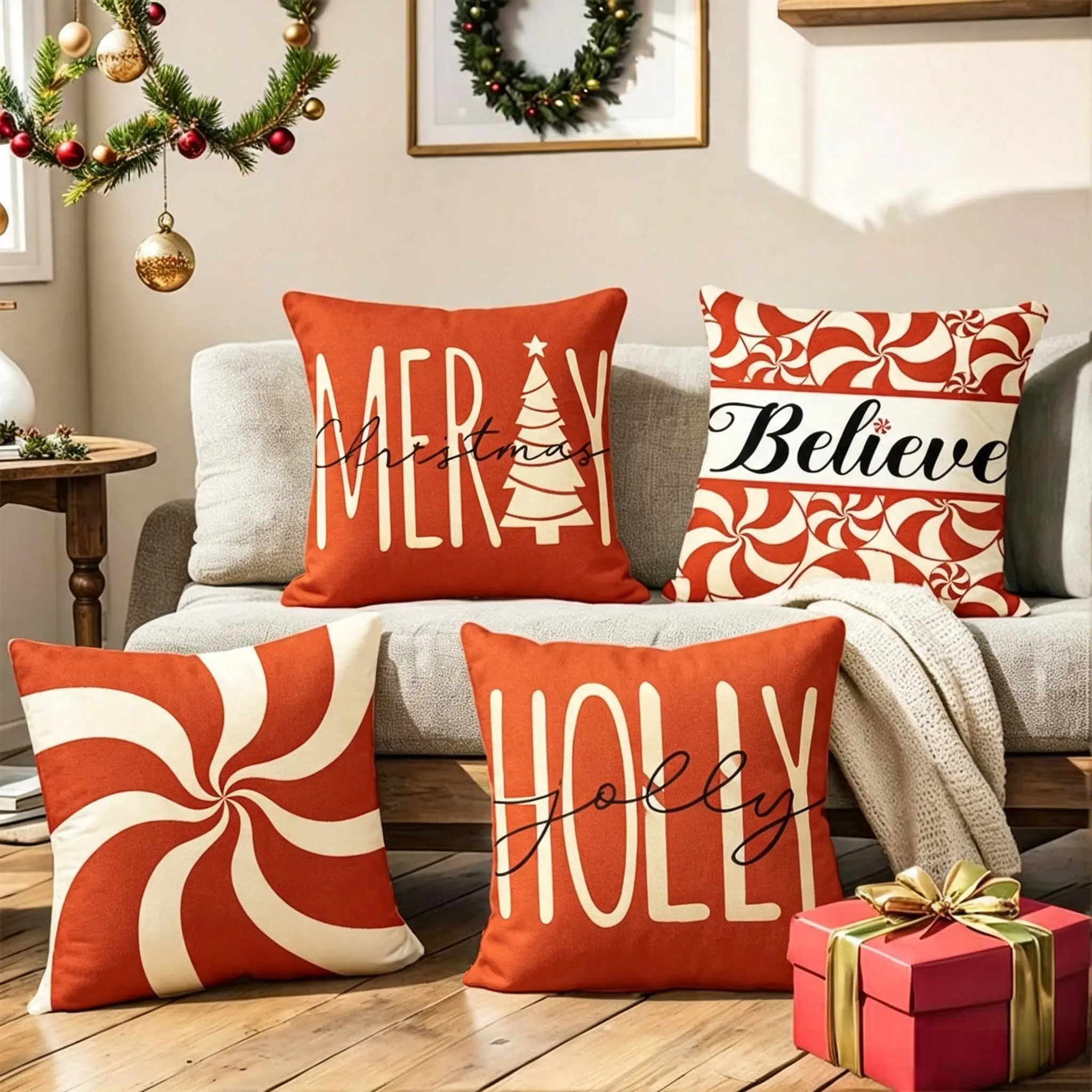 【FaddishDeal】4Pcs-Christmas Decorative Pillow Set, Red Candy Cane Porch Pillow Cover, Single-Sided Linen Print, Winter Holiday Gift, Cushion Cover Home Decor.excellent gifts for Christmas and new year，Must-buy on Black Friday tiktokshopbacktoschool