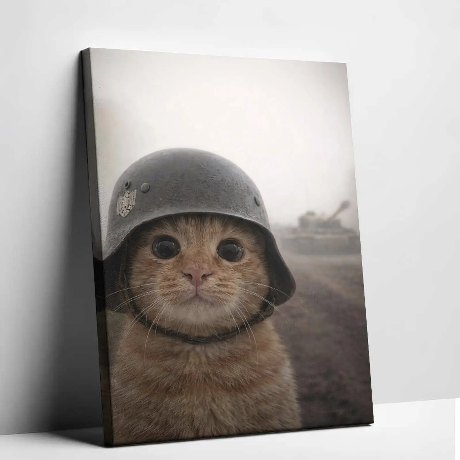 funny cat meme,soldier cat poster,retro military canvas art,vintage tank wall decor,cute orange cat print,battlefield cat artwork,humorous animal painting,cool gamer room wall pictures,whimsical aesthetic canvas decor