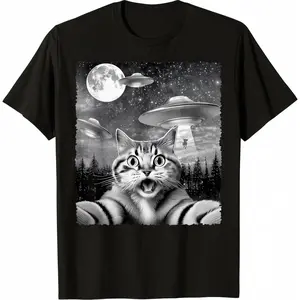 Funny Alien Cat Selfie with UFOs Gift Idea Men Women Kids T-Shirt