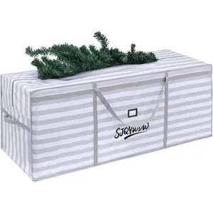Christmas Tree Storage Bag 9ft Reusable Heavy Duty 600D Oxford Cloth with Built-in Double Mesh Pockets for Large Artificial Xmas Tree 65×18×27in Gray-White Stripes