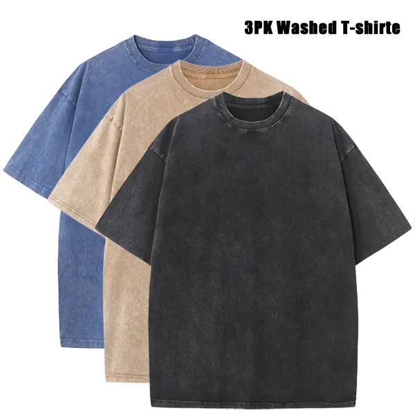 3-Pack Men's Plus-Size Vintage Heavyweight Sports T-Shirts 100% Cotton Acid Wash Finish Loose Fit Summer Sweat Absorption Multiple Colors