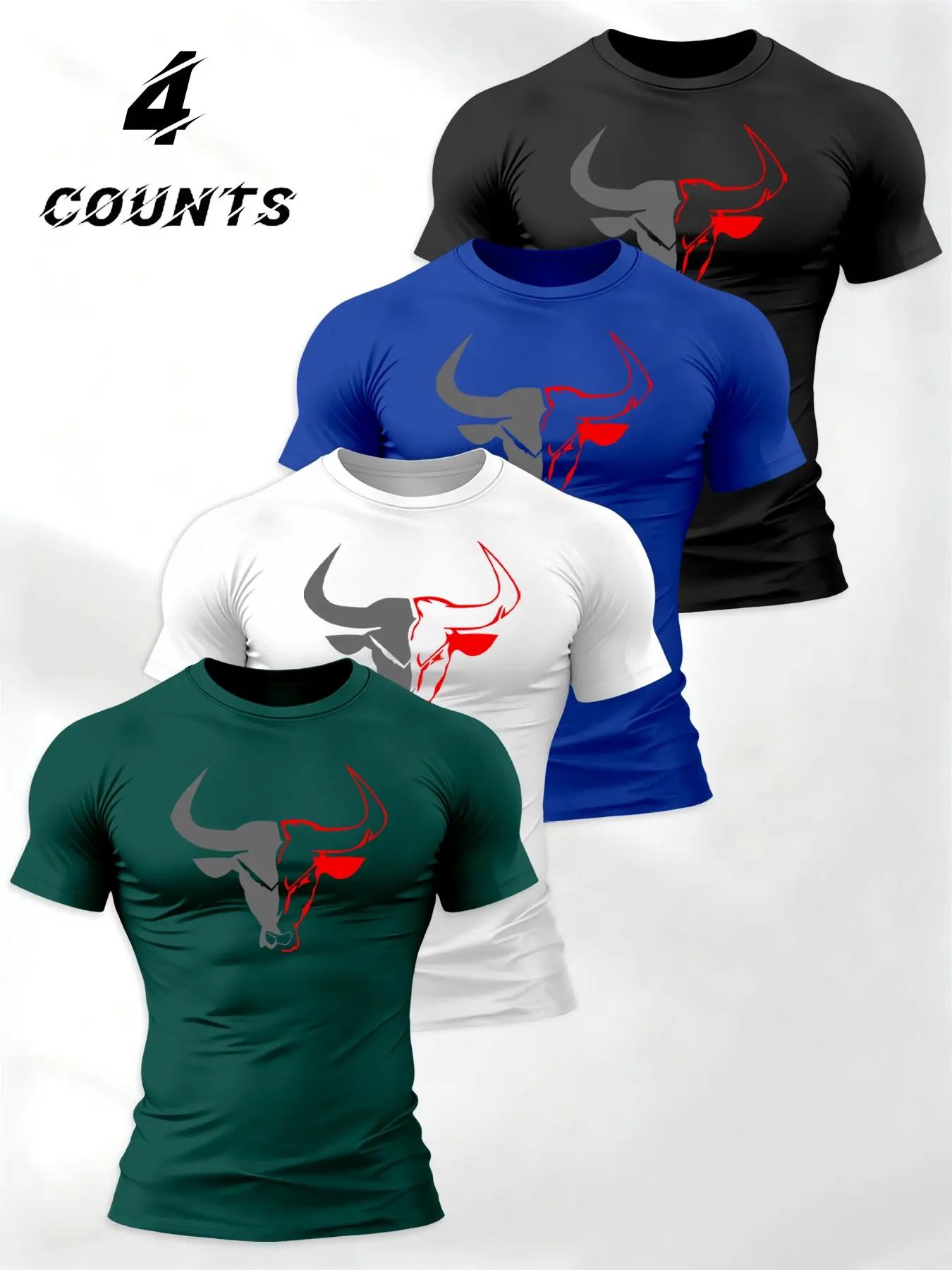 American Style Strength and Contrast T-Shirt 4 Piece Set, Men's Short Sleeve Sporty Round Neck, Ideal for Gym, Fitness and Running, Fitness Apparel, Gym Workout Shirt, Gym Shirts, Gym Tee