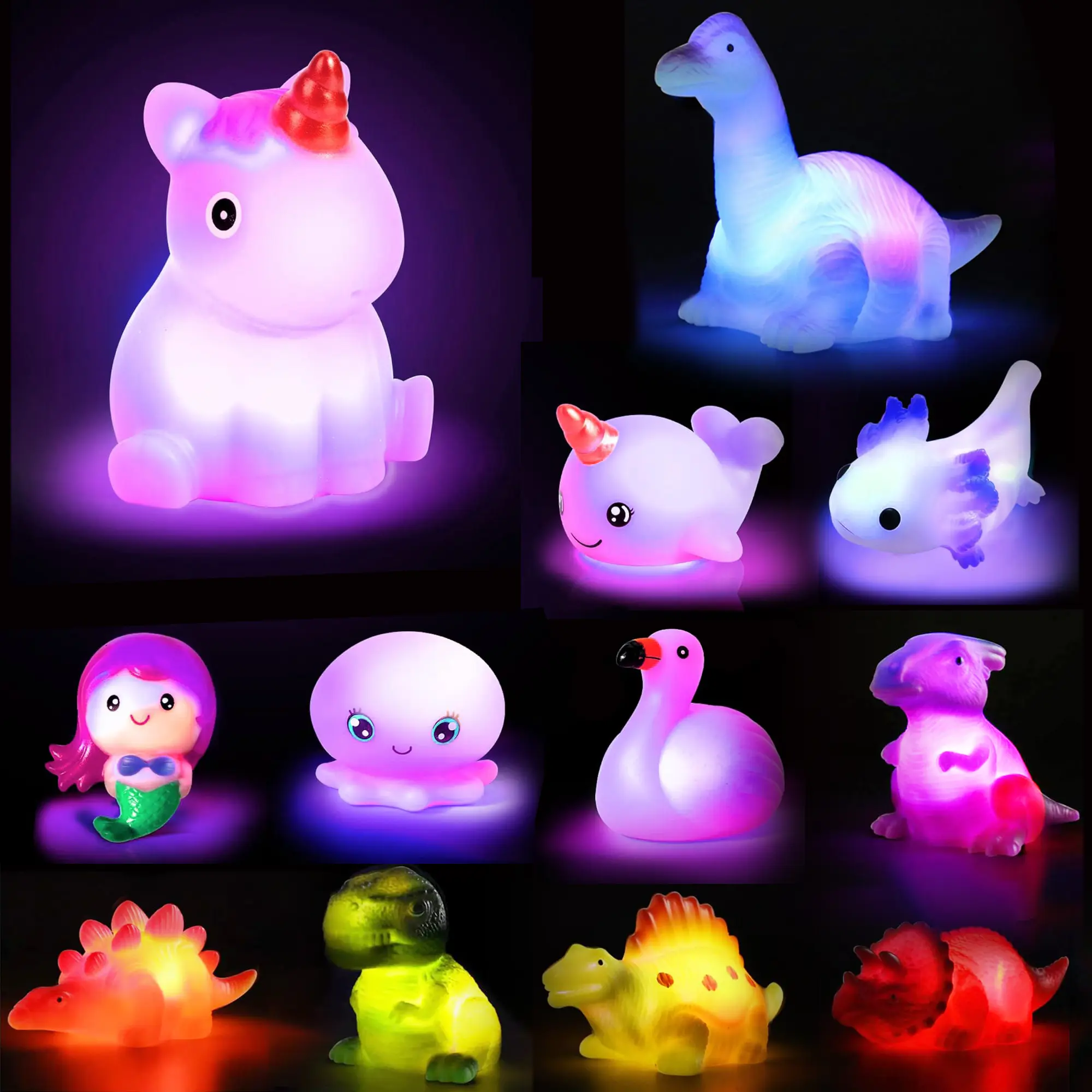Glowing Light-Up Bath Toys for Toddlers - Dinosaur & Mermaid Animal Shapes, Ages 4+, Bath Games for Bathtub, Ideal Birthday & Easter Gifts