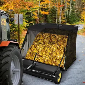 44-in Tow-Behind Lawn Sweeper, Large Capacity Hopper Bag Leaf & Grass Collector with Hand-Adjusted Sweeping Height, Dumping Rope & Folding Storage for Versatile Terrain Debris Pickup